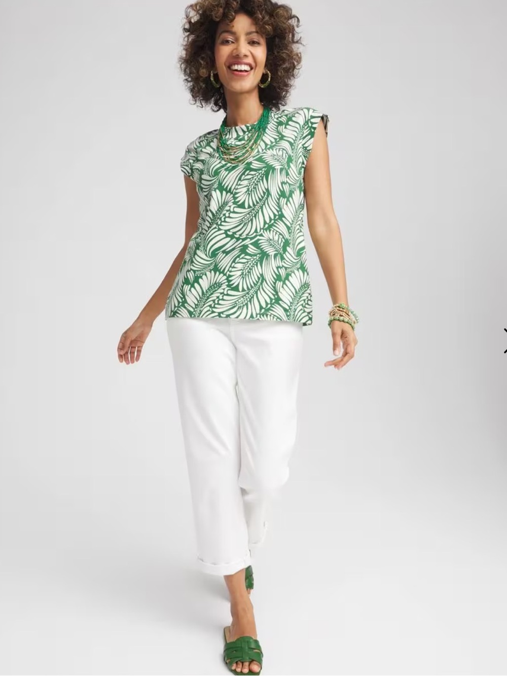 Chico's Green and White Palm-Leaf Tank Top